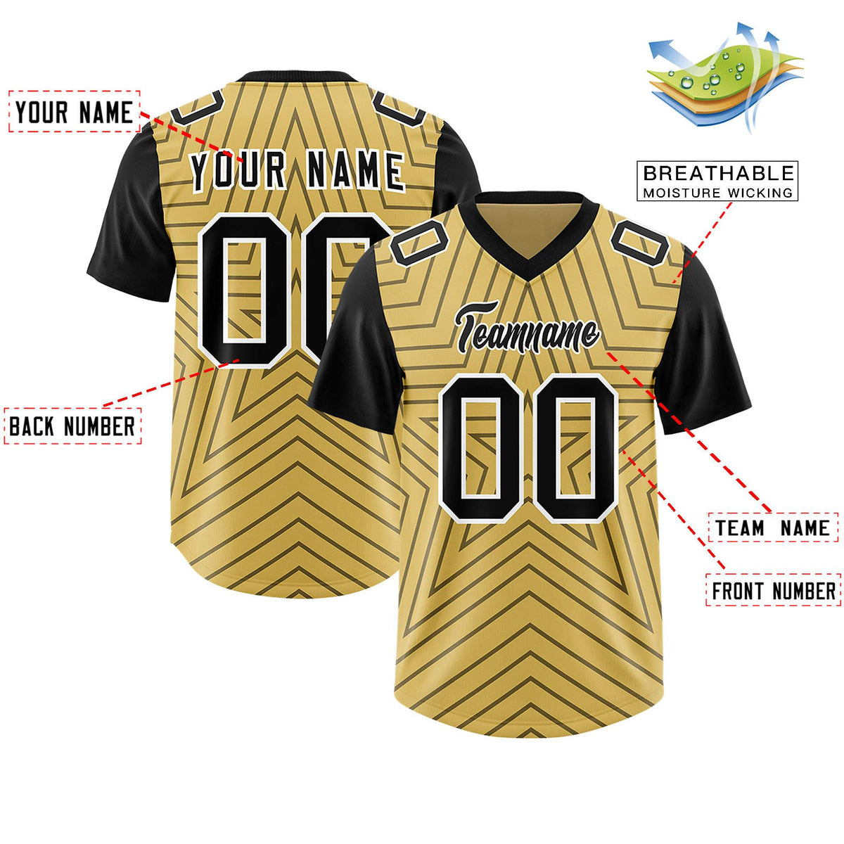 Custom Old Gold Black Personalized Star Pattern Raglan Sleeves Authentic Football Jersey
