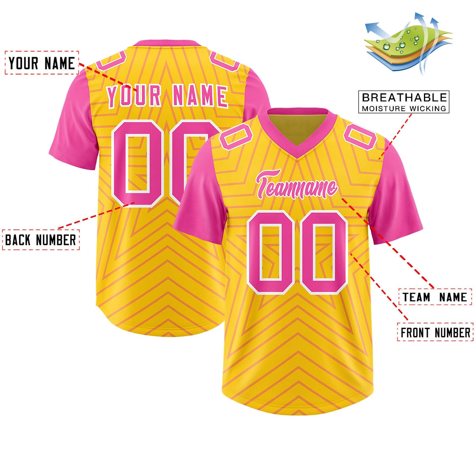 Custom Gold Pink Personalized Star Pattern Raglan Sleeves Authentic Football Jersey