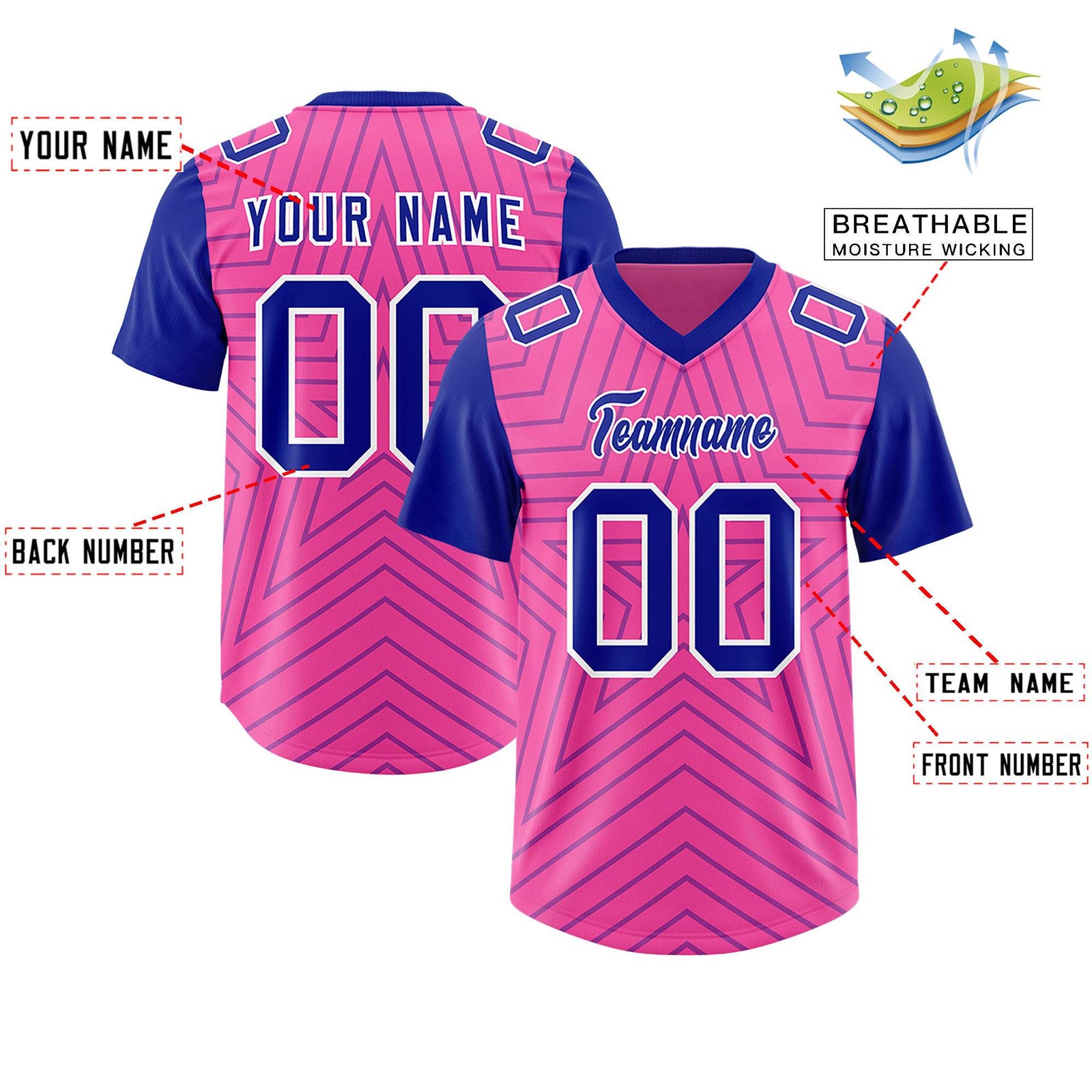 Custom Pink Royal Personalized Star Pattern Raglan Sleeves Authentic Football Jersey