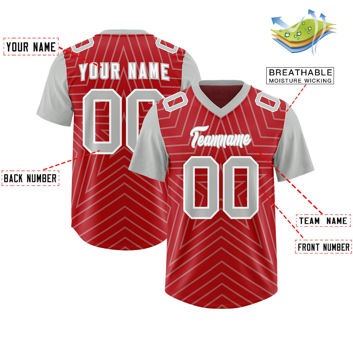 Custom Red Gray Personalized Star Pattern Raglan Sleeves Authentic Football Jersey