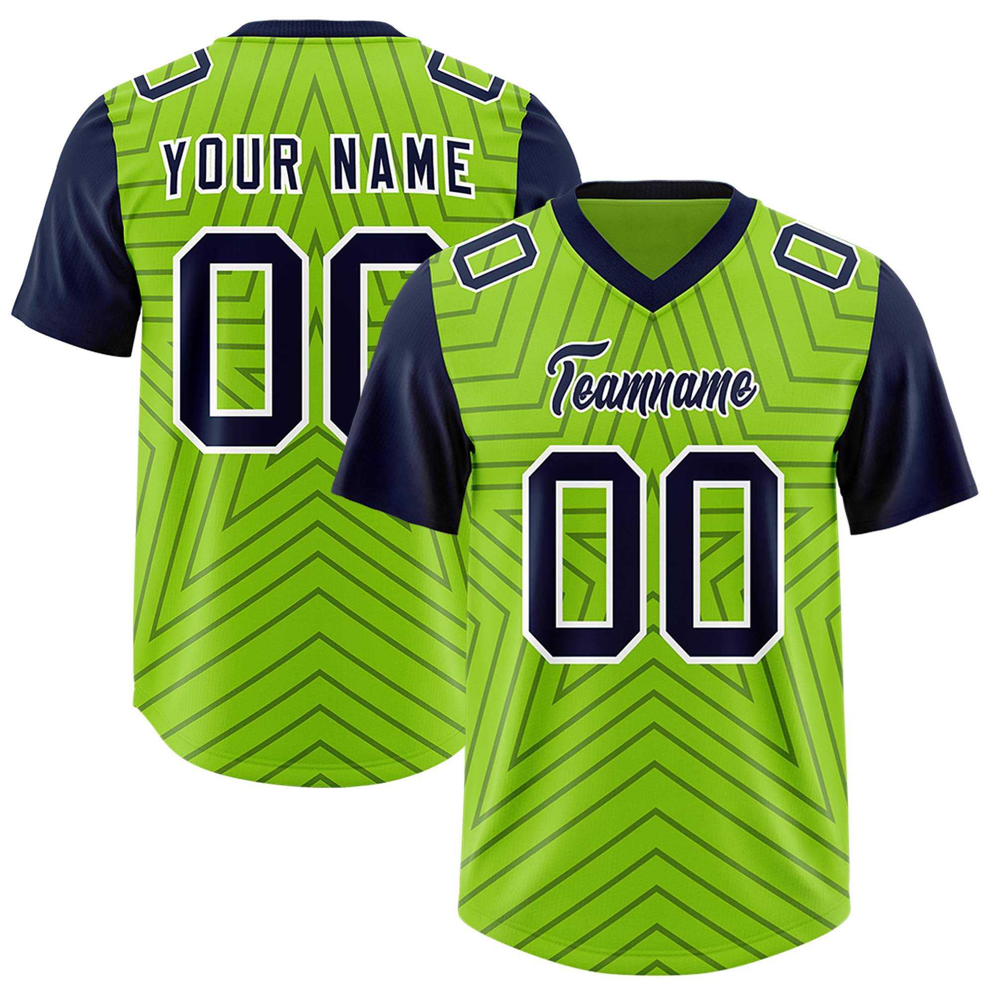 Custom Neon Green Navy Personalized Star Pattern Raglan Sleeves Authentic Football Jersey