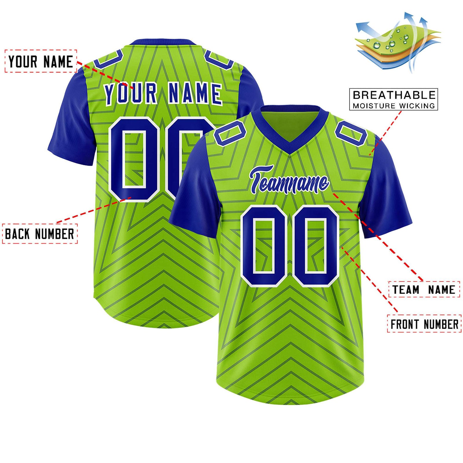 Custom Neon Green Royal Personalized Star Pattern Raglan Sleeves Authentic Football Jersey