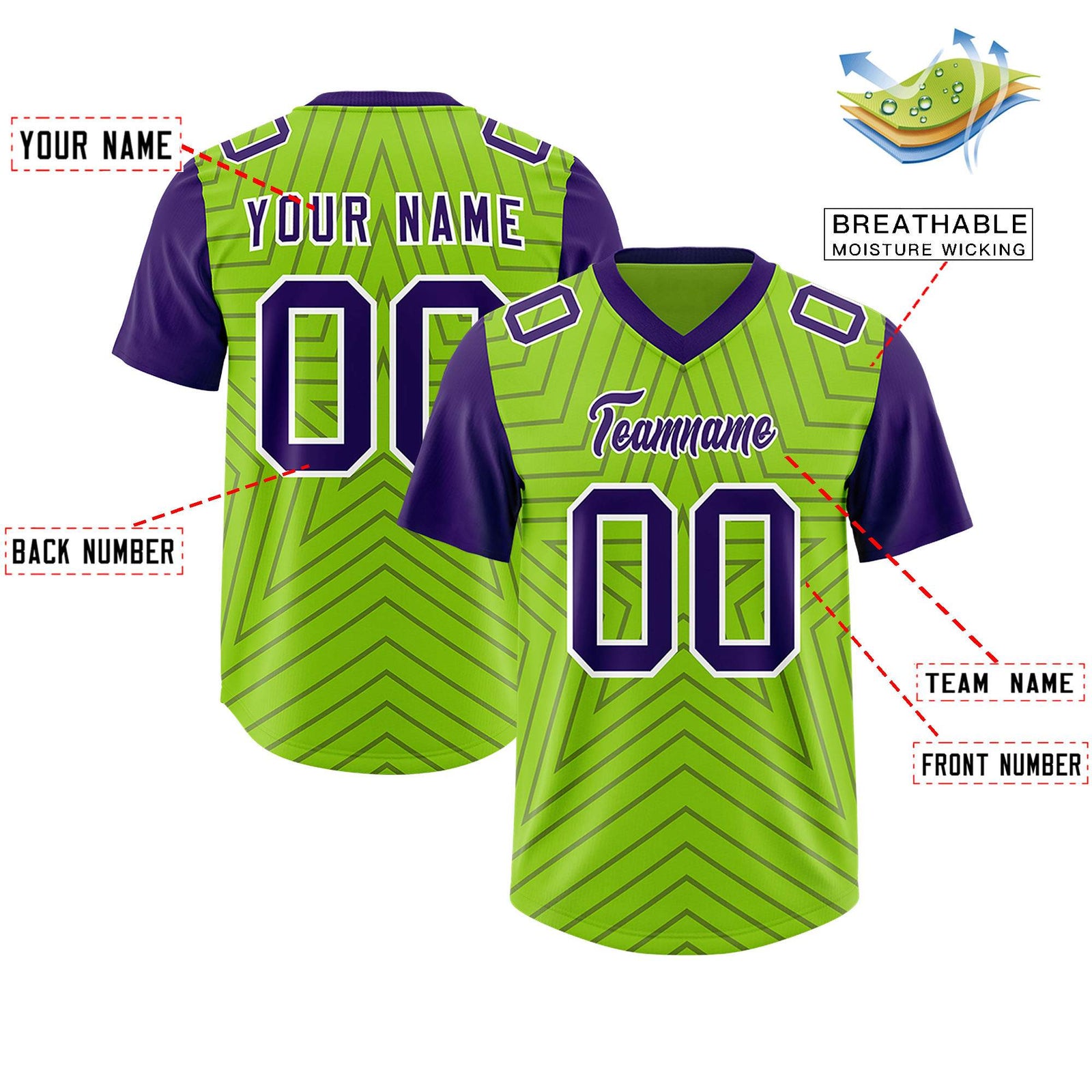Custom Neon Green Purple Personalized Star Pattern Raglan Sleeves Authentic Football Jersey