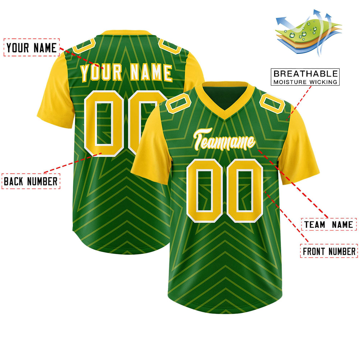 Custom Kelly Green Gold Personalized Star Pattern Raglan Sleeves Authentic Football Jersey
