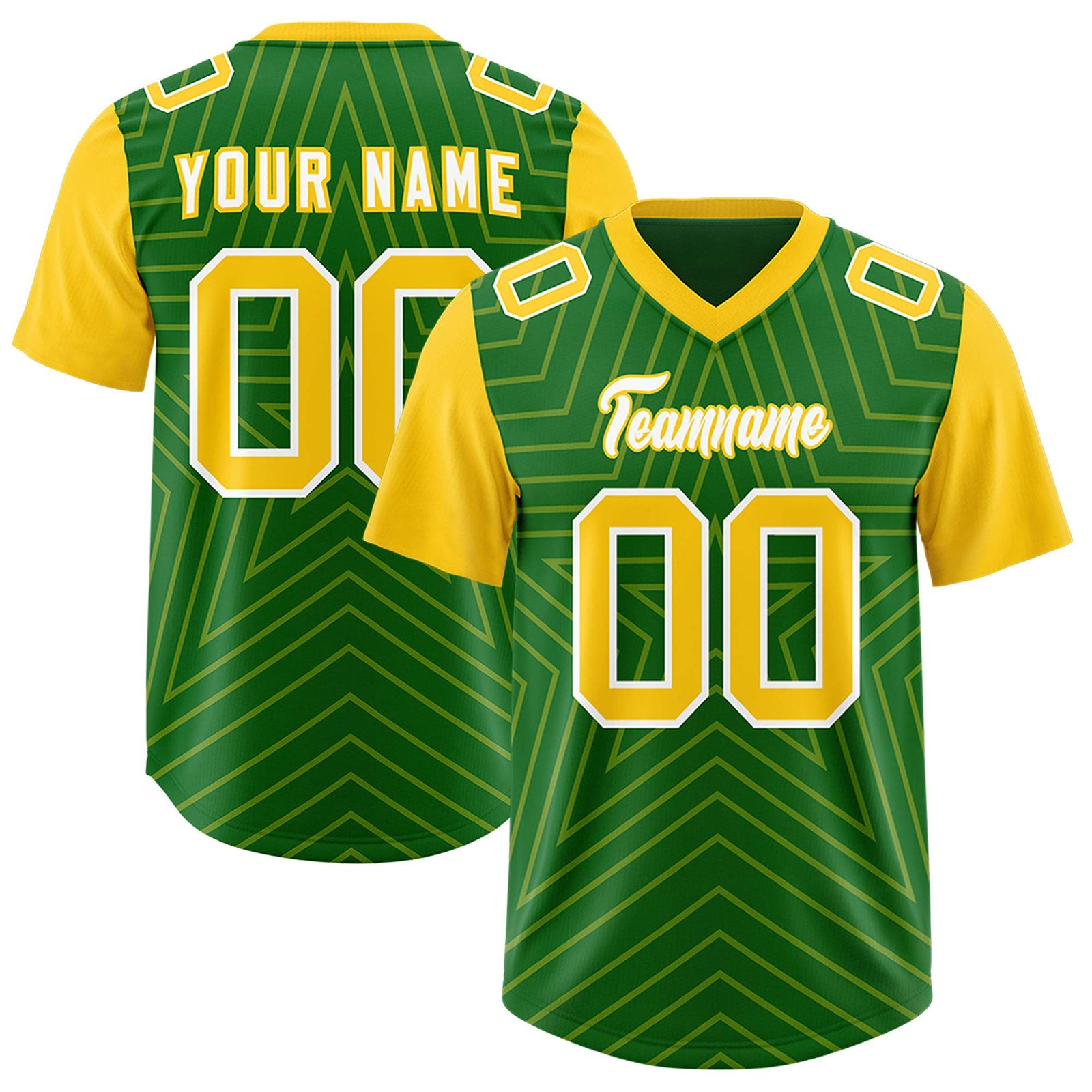 Custom Kelly Green Gold Personalized Star Pattern Raglan Sleeves Authentic Football Jersey