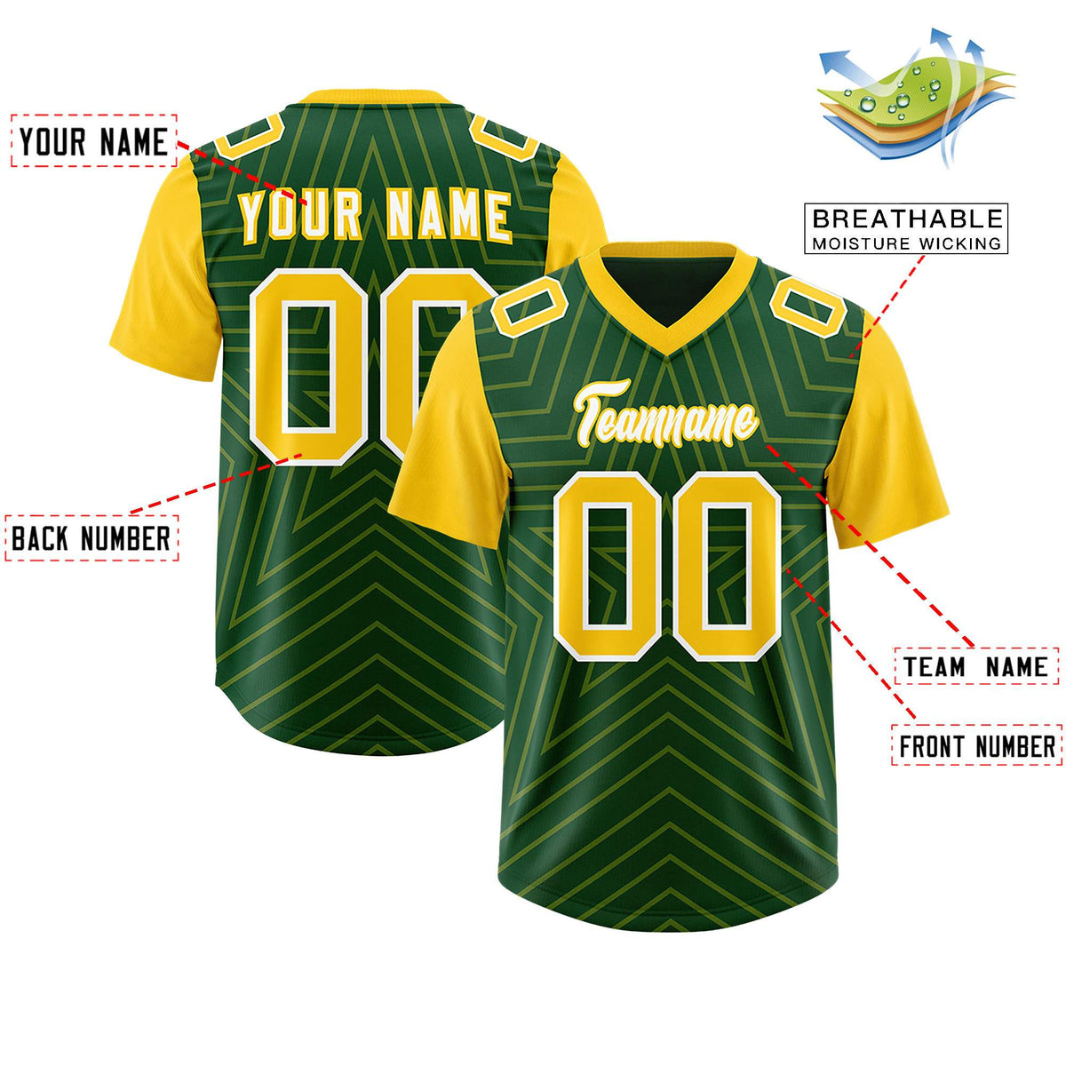 Custom Green Gold Personalized Star Pattern Raglan Sleeves Authentic Football Jersey