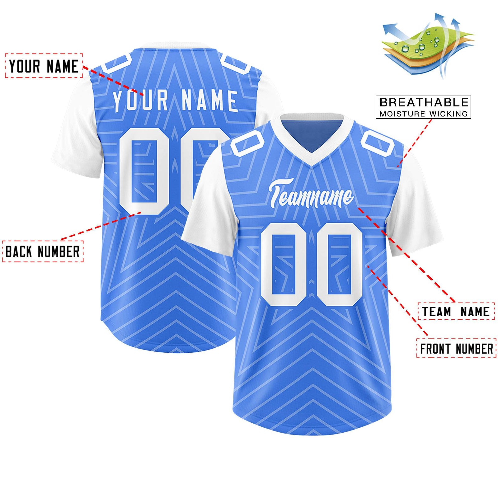 Custom Powder Blue White Personalized Star Pattern Raglan Sleeves Authentic Football Jersey