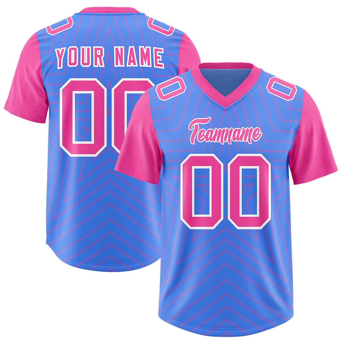 Custom Powder Blue Pink Personalized Star Pattern Raglan Sleeves Authentic Football Jersey