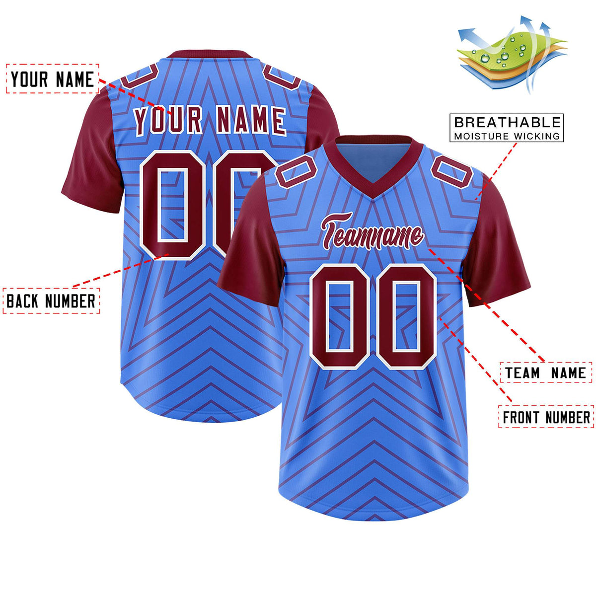 Custom Powder Blue Cardinal Personalized Star Pattern Raglan Sleeves Authentic Football Jersey
