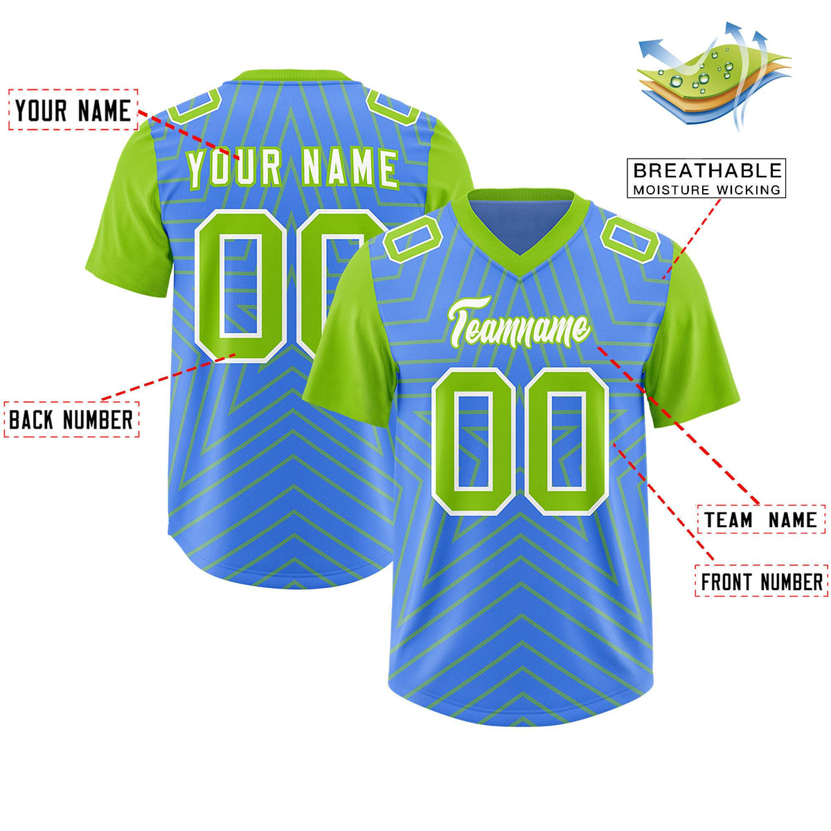 Custom Powder Blue Neon Green Personalized Star Pattern Raglan Sleeves Authentic Football Jersey