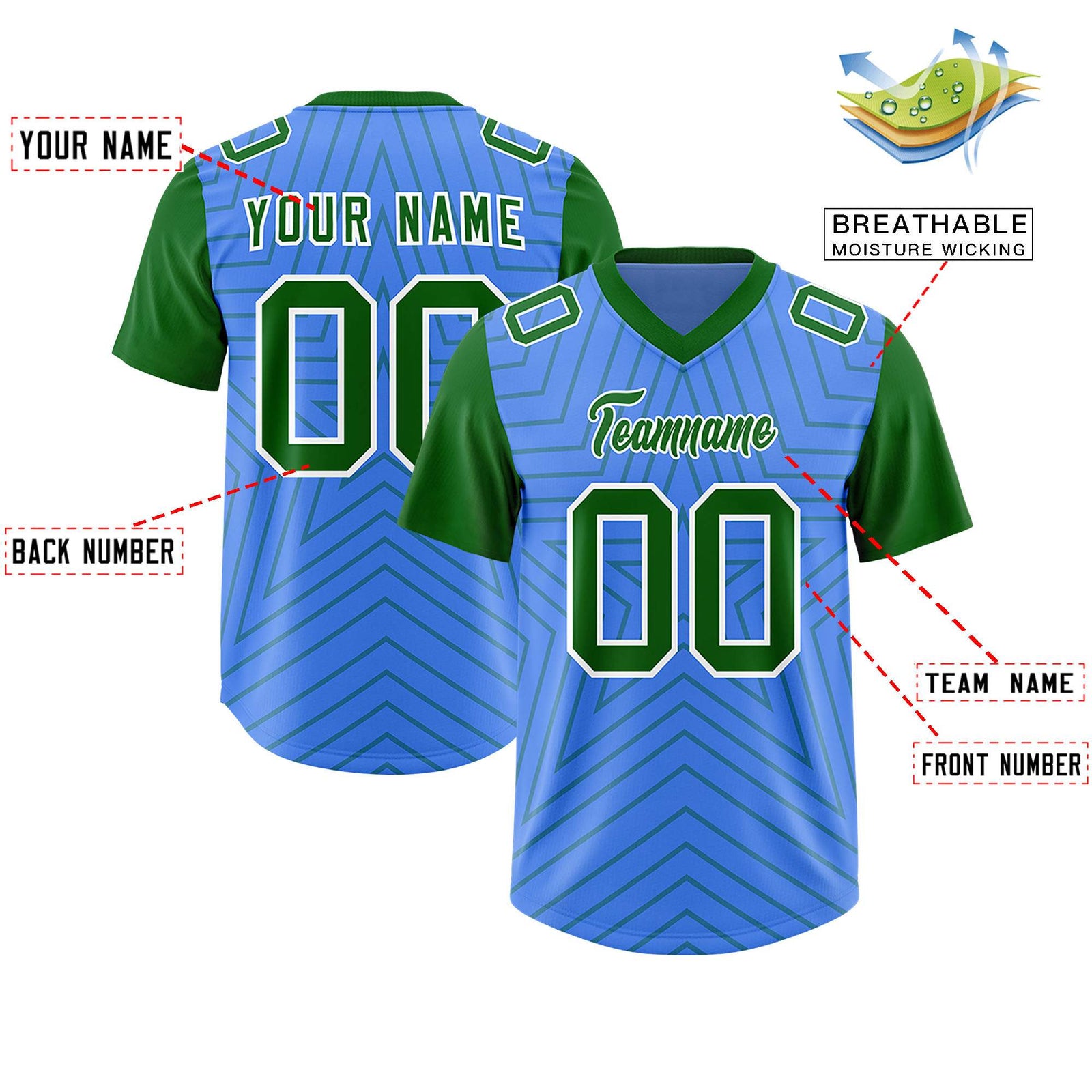 Custom Powder Blue Kelly Green Personalized Star Pattern Raglan Sleeves Authentic Football Jersey