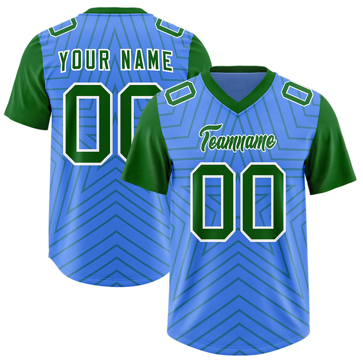Custom Powder Blue Kelly Green Personalized Star Pattern Raglan Sleeves Authentic Football Jersey