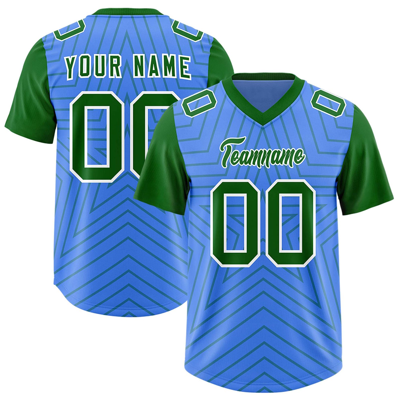 Custom Powder Blue Kelly Green Personalized Star Pattern Raglan Sleeves Authentic Football Jersey