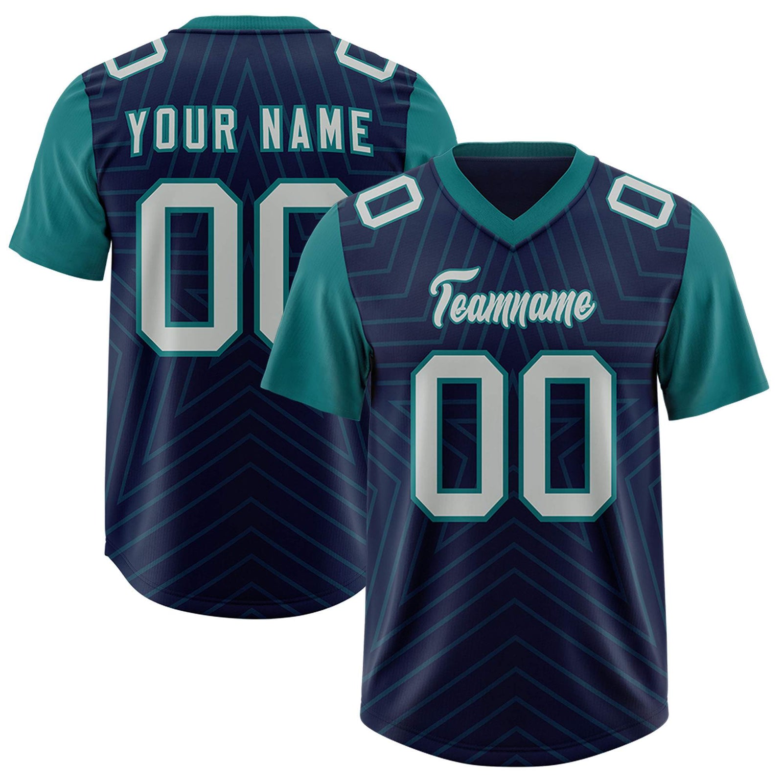 Custom Navy Aqua Personalized Star Pattern Raglan Sleeves Authentic Football Jersey
