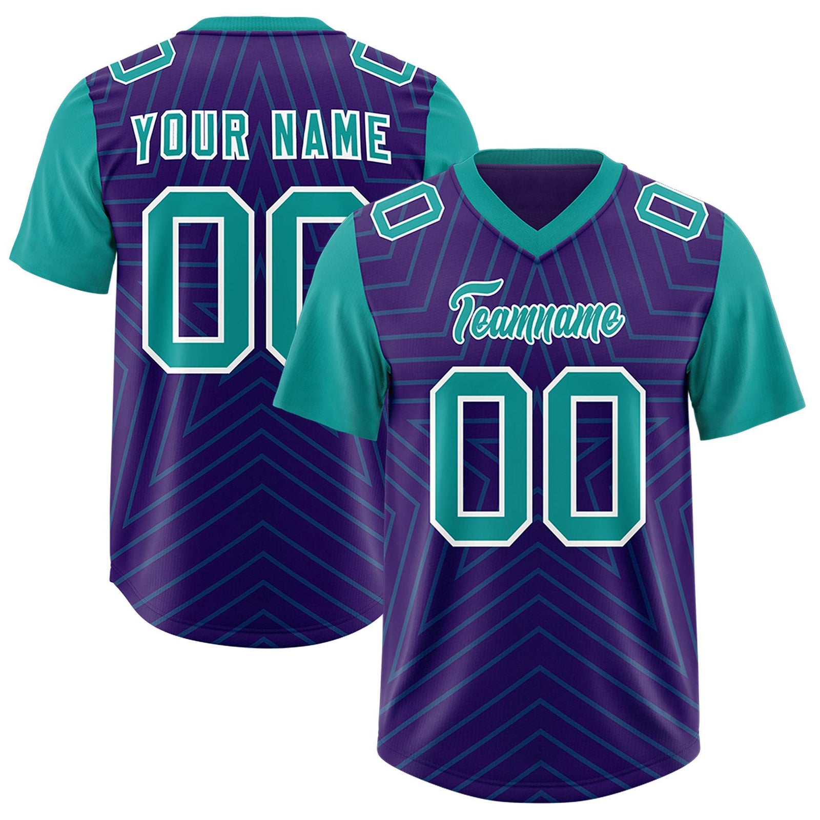 Custom Purple Aqua Personalized Star Pattern Raglan Sleeves Authentic Football Jersey