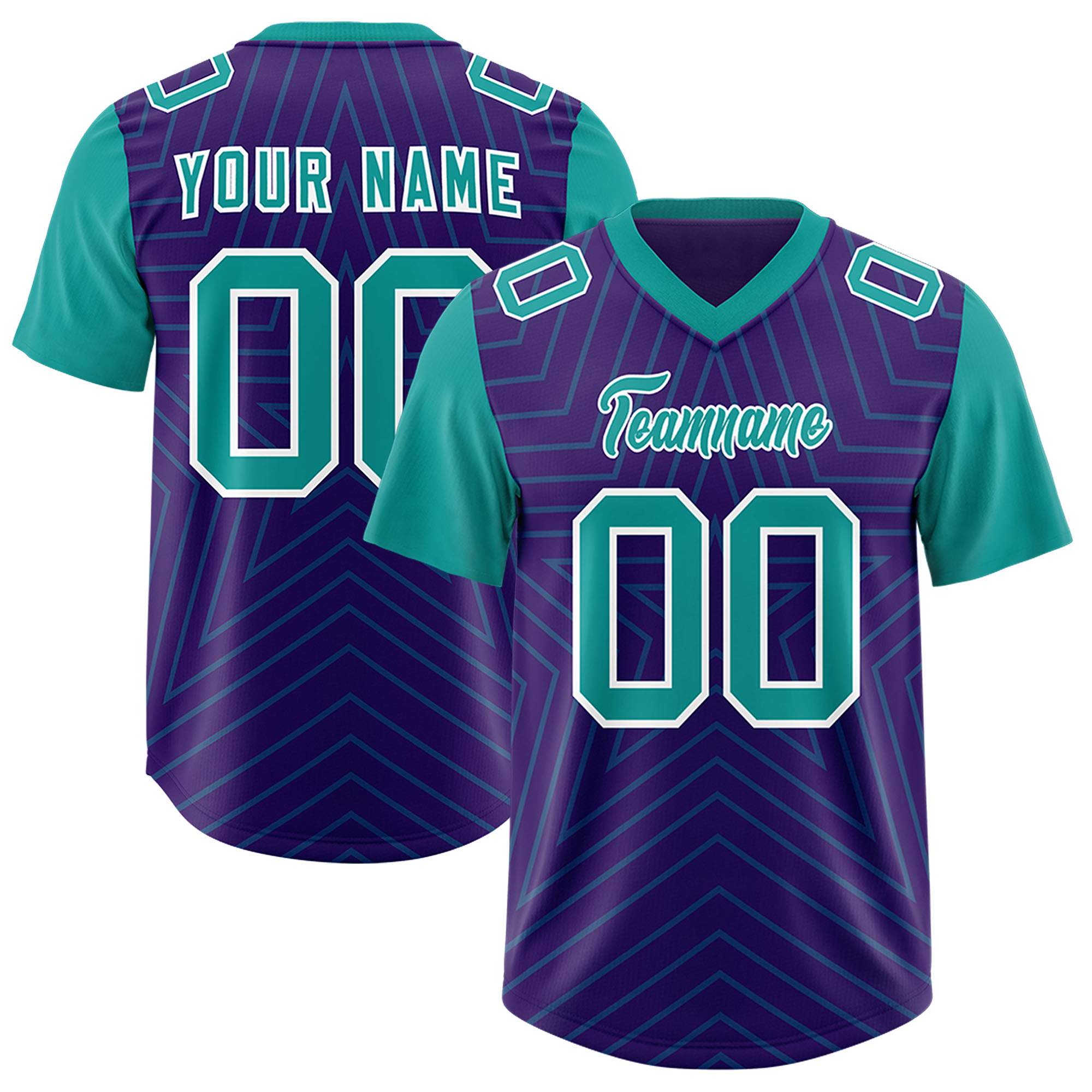 Custom Purple Aqua Personalized Star Pattern Raglan Sleeves Authentic Football Jersey