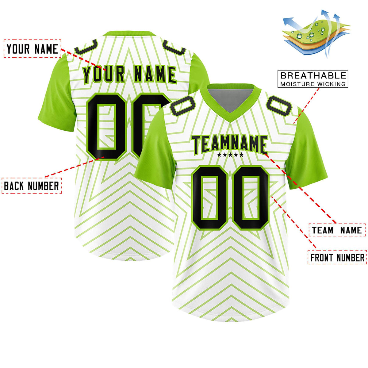 Custom White Neon Green Personalized Star Pattern Raglan Sleeves Authentic Football Jersey
