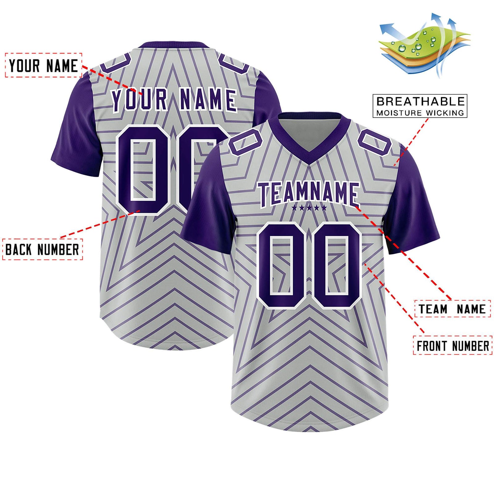 Custom Gray Purple Personalized Star Pattern Raglan Sleeves Authentic Football Jersey