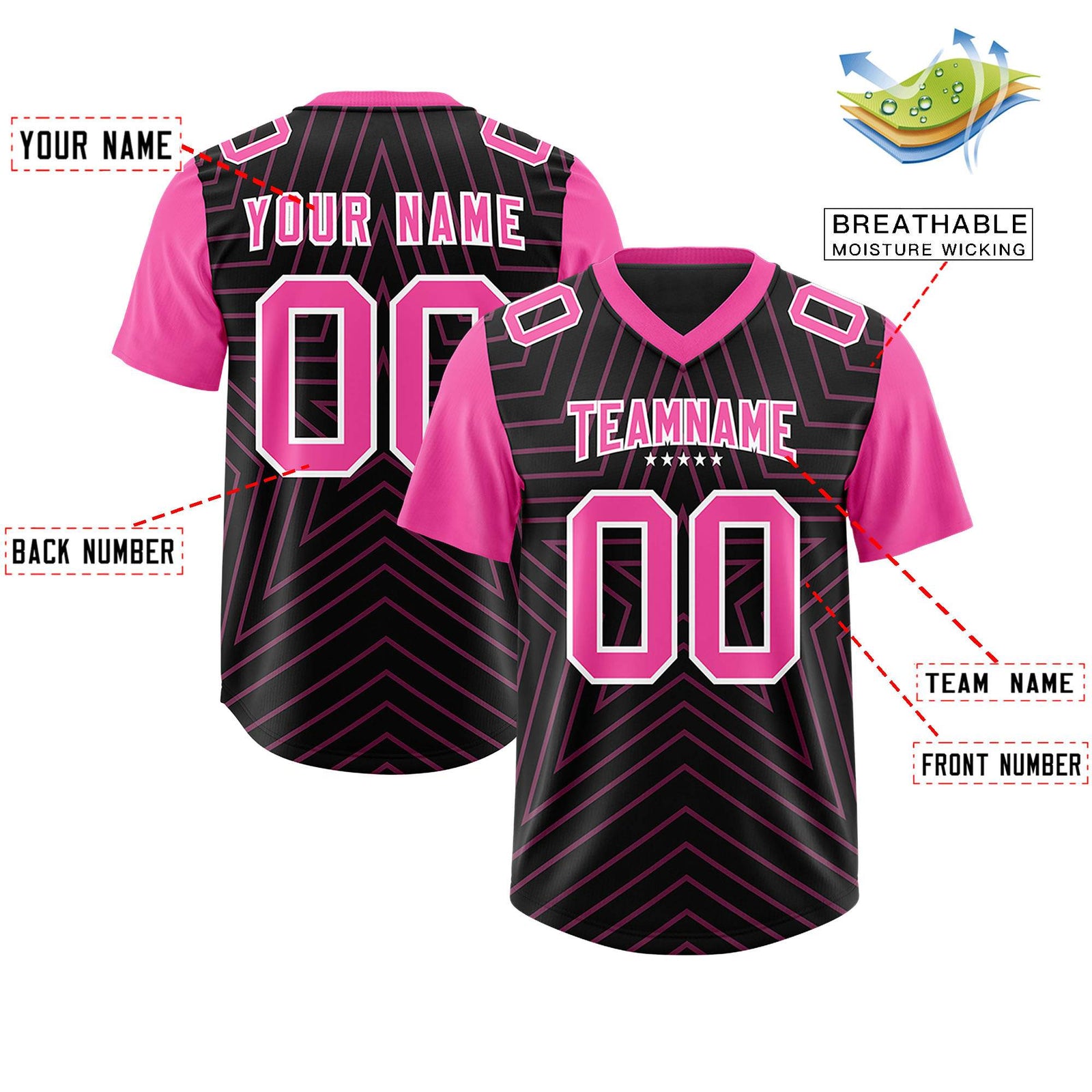 Custom Black Pink Personalized Star Pattern Raglan Sleeves Authentic Football Jersey