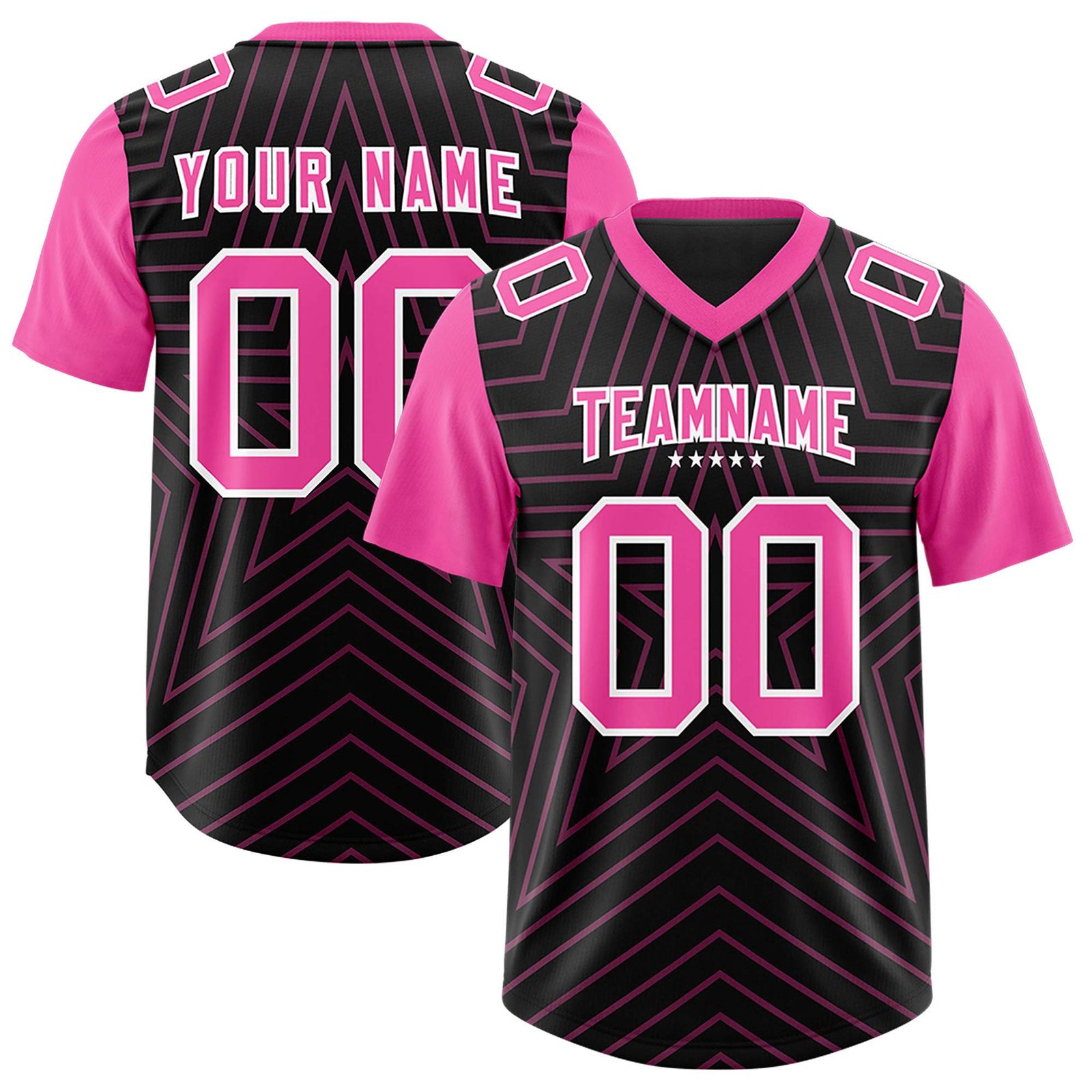 Custom Black Pink Personalized Star Pattern Raglan Sleeves Authentic Football Jersey