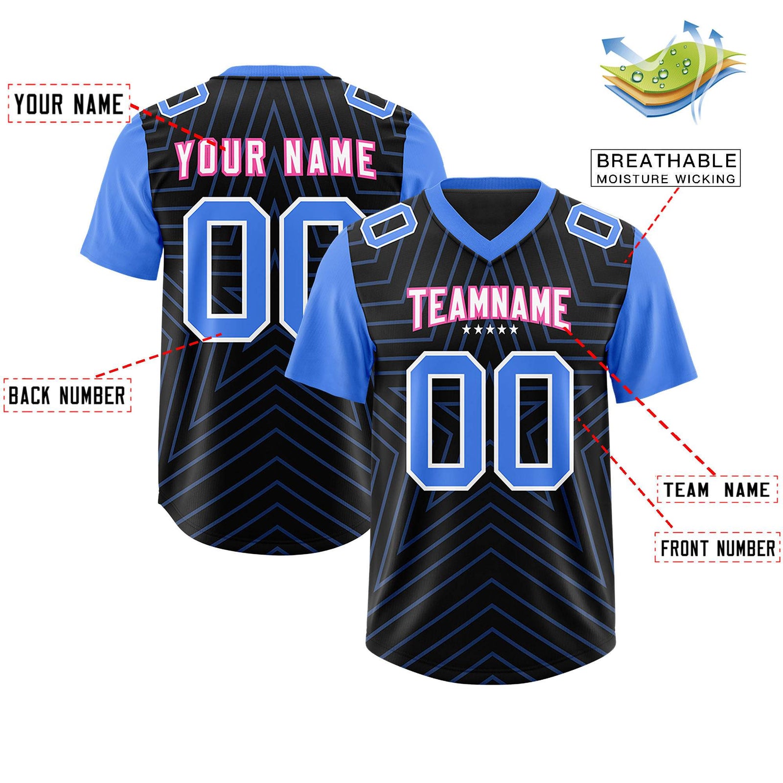 Custom Black Powder Blue Personalized Star Pattern Raglan Sleeves Authentic Football Jersey