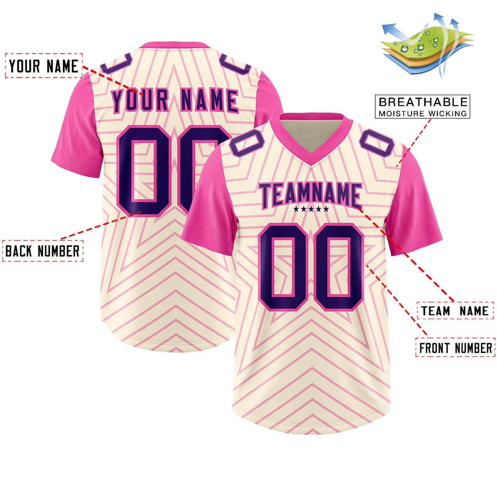 Custom Cream Pink Personalized Star Pattern Raglan Sleeves Authentic Football Jersey