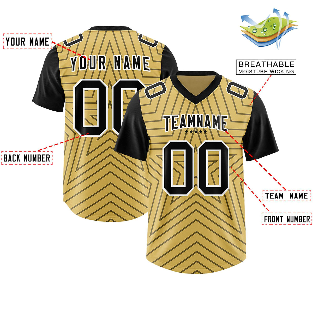 Custom Old Gold Black Personalized Star Pattern Raglan Sleeves Authentic Football Jersey