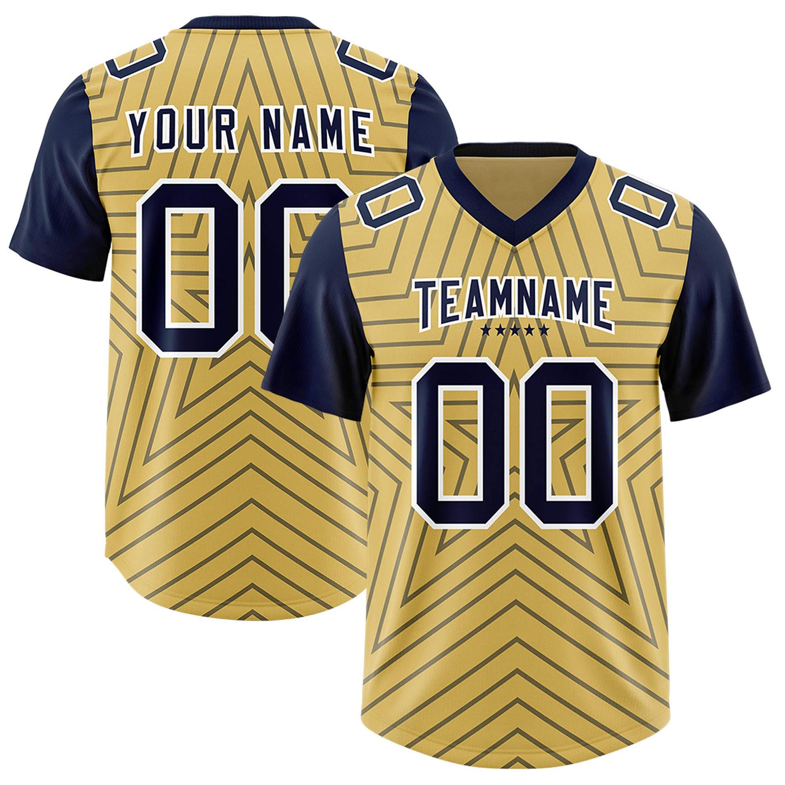 Custom Old Gold Navy Personalized Star Pattern Raglan Sleeves Authentic Football Jersey