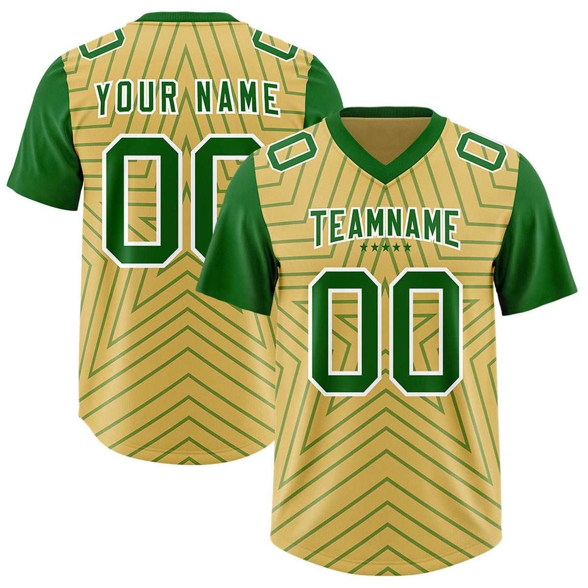 Custom Old Gold Kelly Green Personalized Star Pattern Raglan Sleeves Authentic Football Jersey