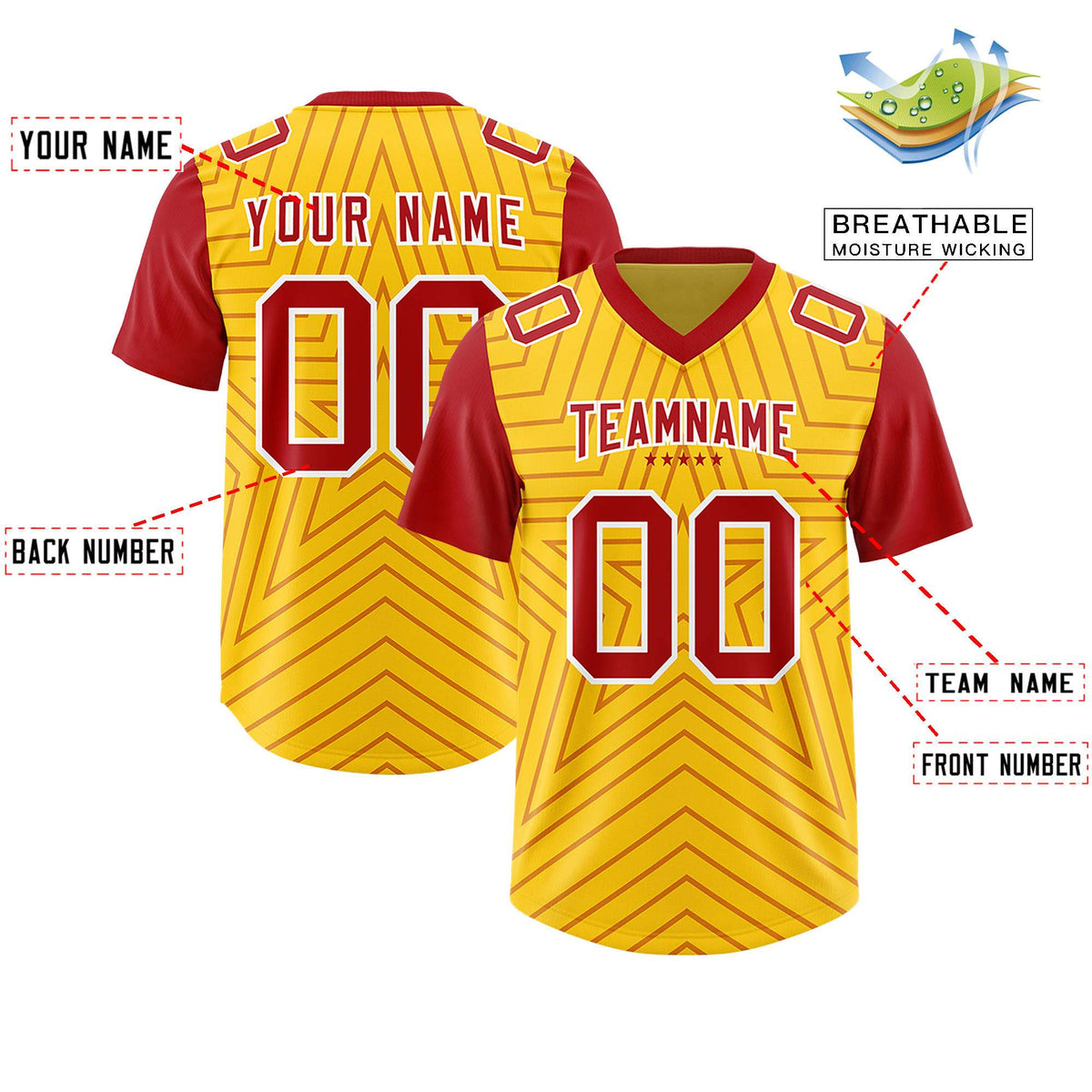 Custom Gold Red Personalized Star Pattern Raglan Sleeves Authentic Football Jersey