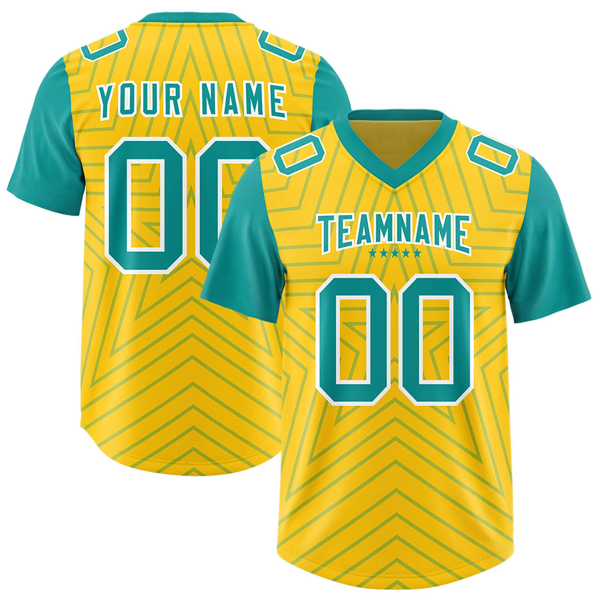 Custom Gold Aqua Personalized Star Pattern Raglan Sleeves Authentic Football Jersey