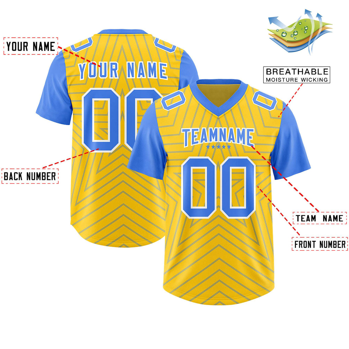 Custom Gold Powder Blue Personalized Star Pattern Raglan Sleeves Authentic Football Jersey