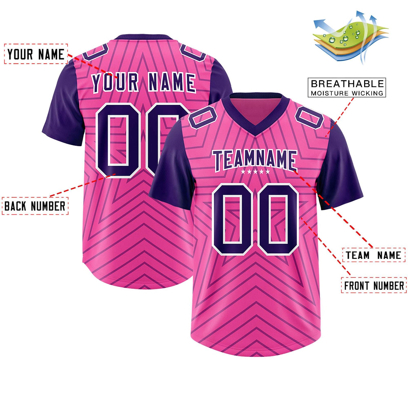 Custom Pink Purple Personalized Star Pattern Raglan Sleeves Authentic Football Jersey