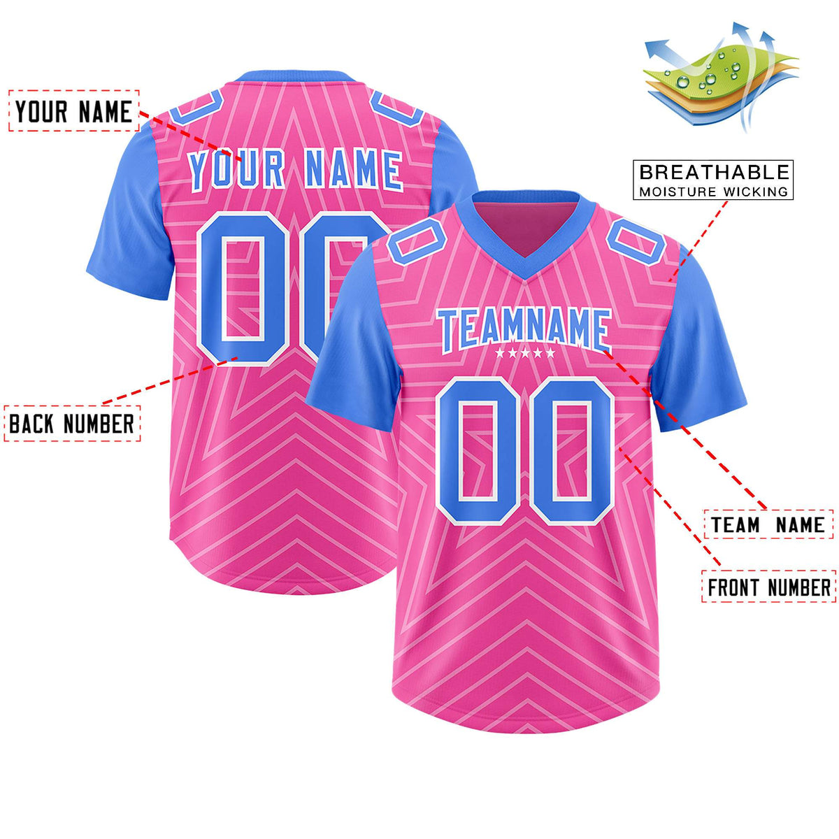 Custom Pink Powder Blue Personalized Star Pattern Raglan Sleeves Authentic Football Jersey