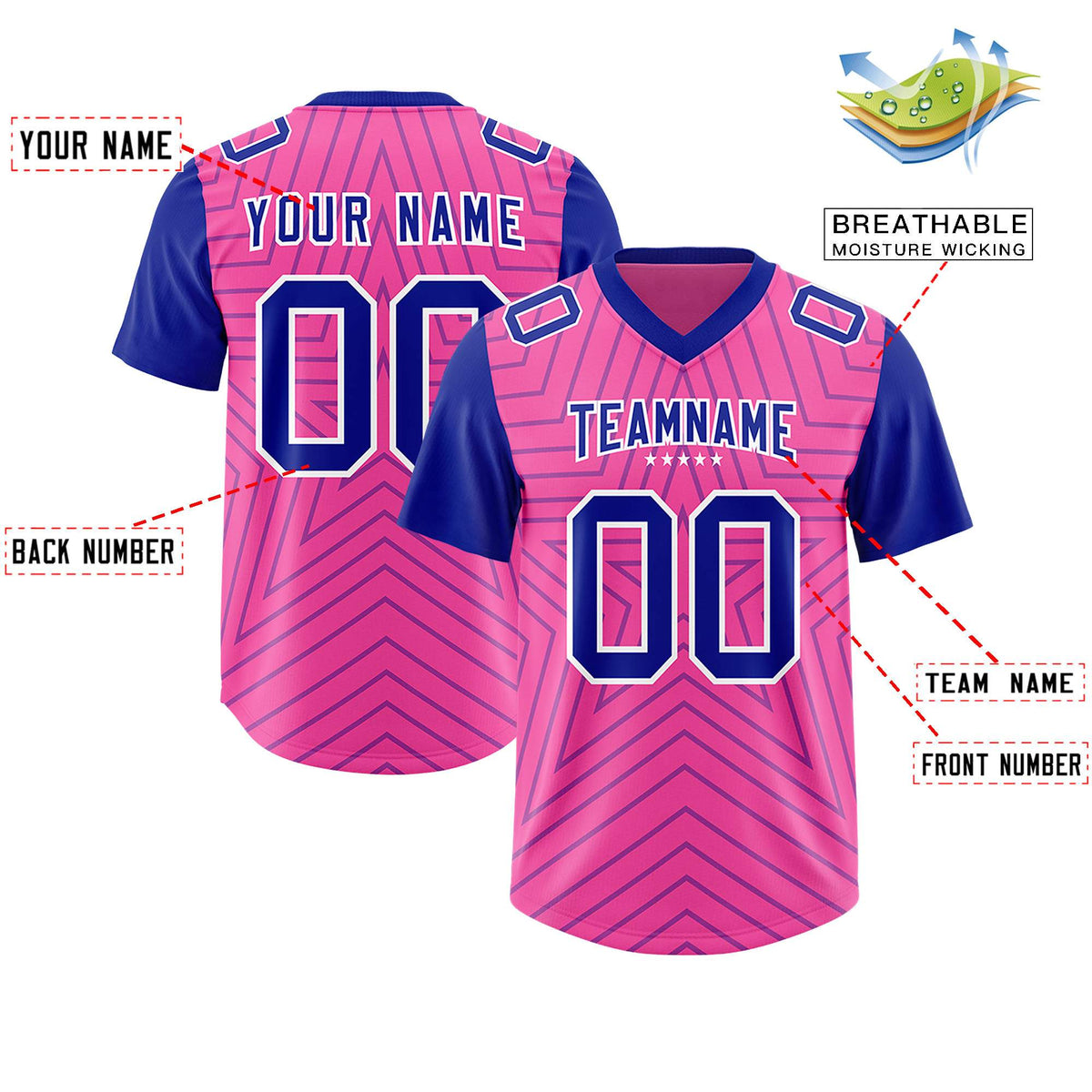 Custom Pink Royal Personalized Star Pattern Raglan Sleeves Authentic Football Jersey
