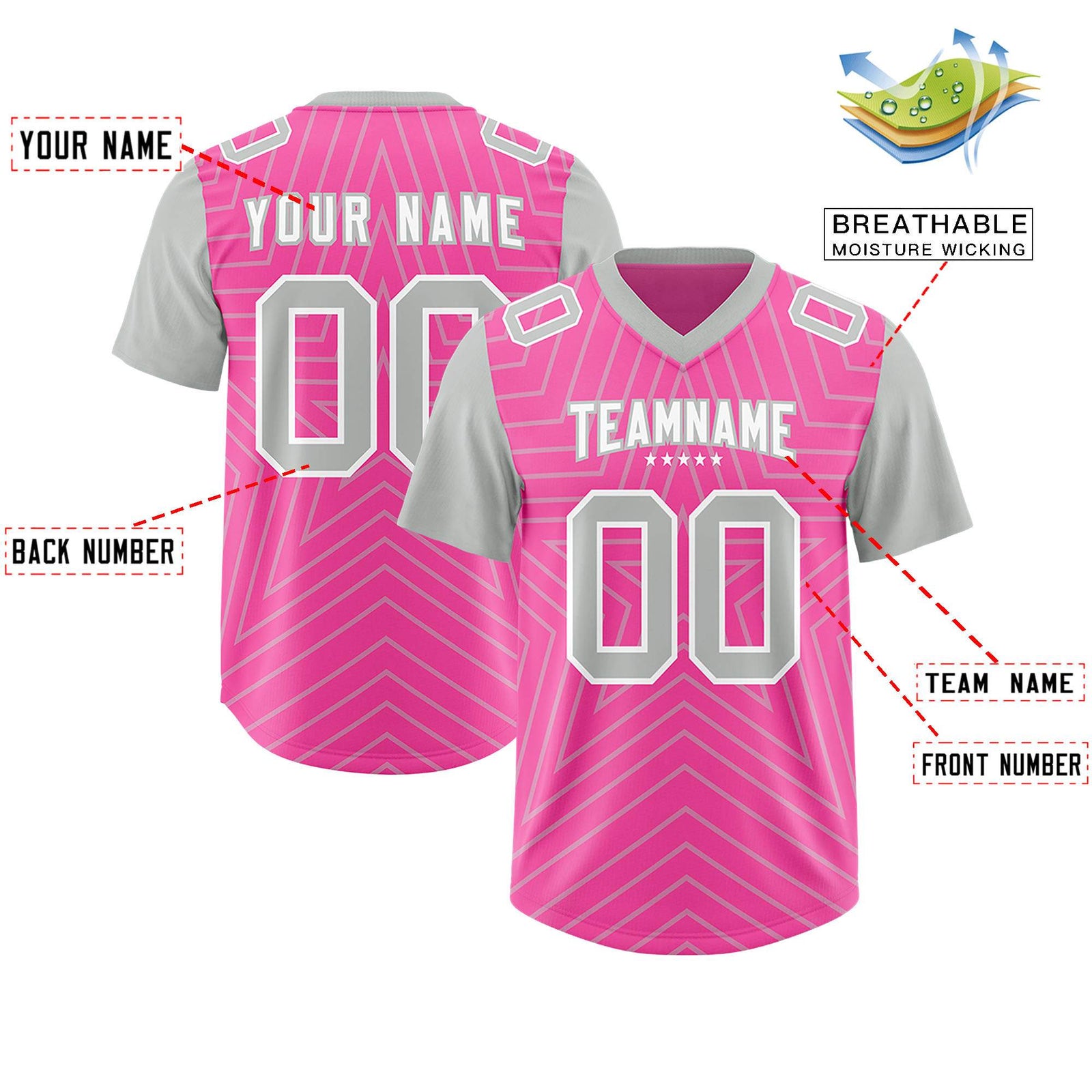 Custom Pink Gray Personalized Star Pattern Raglan Sleeves Authentic Football Jersey