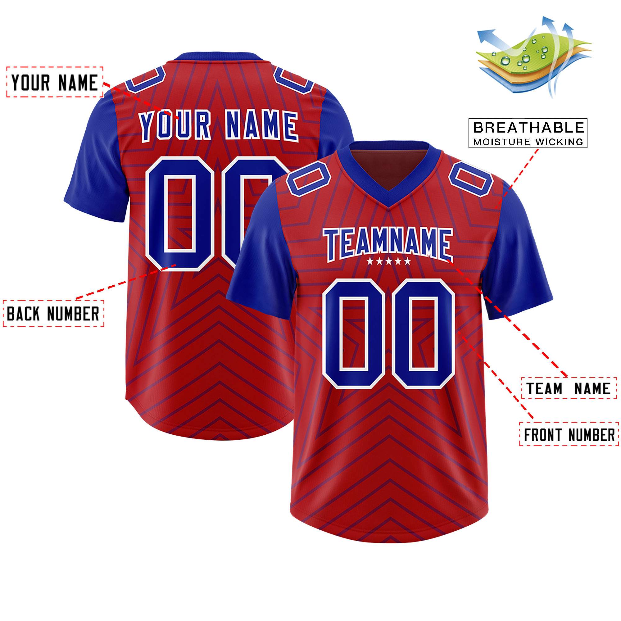 Custom Red Royal Personalized Star Pattern Raglan Sleeves Authentic Football Jersey
