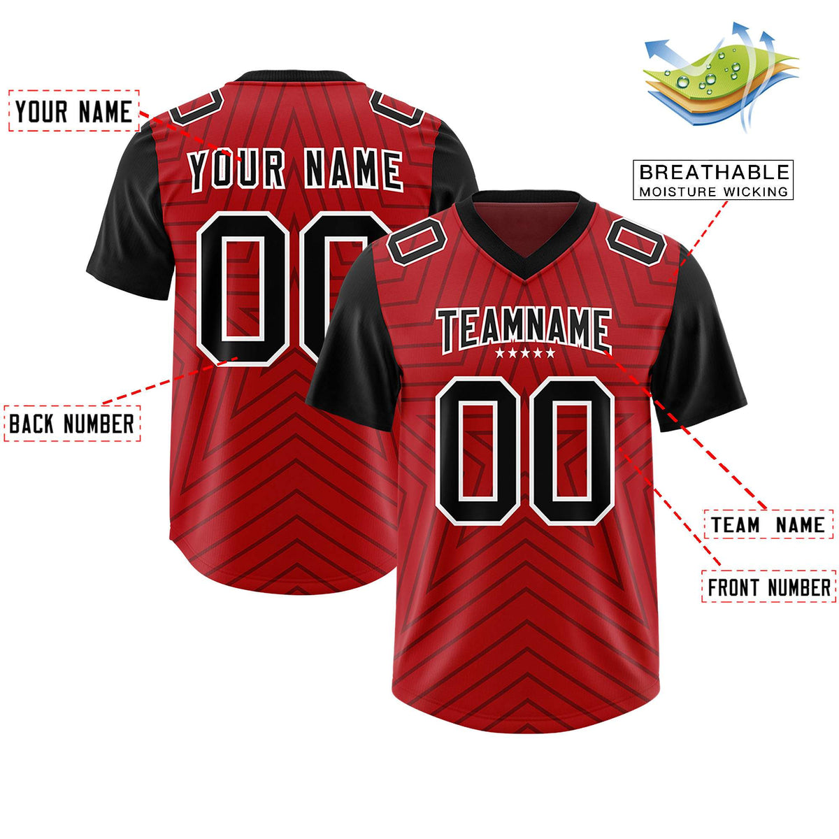 Custom Red Black Personalized Star Pattern Raglan Sleeves Authentic Football Jersey