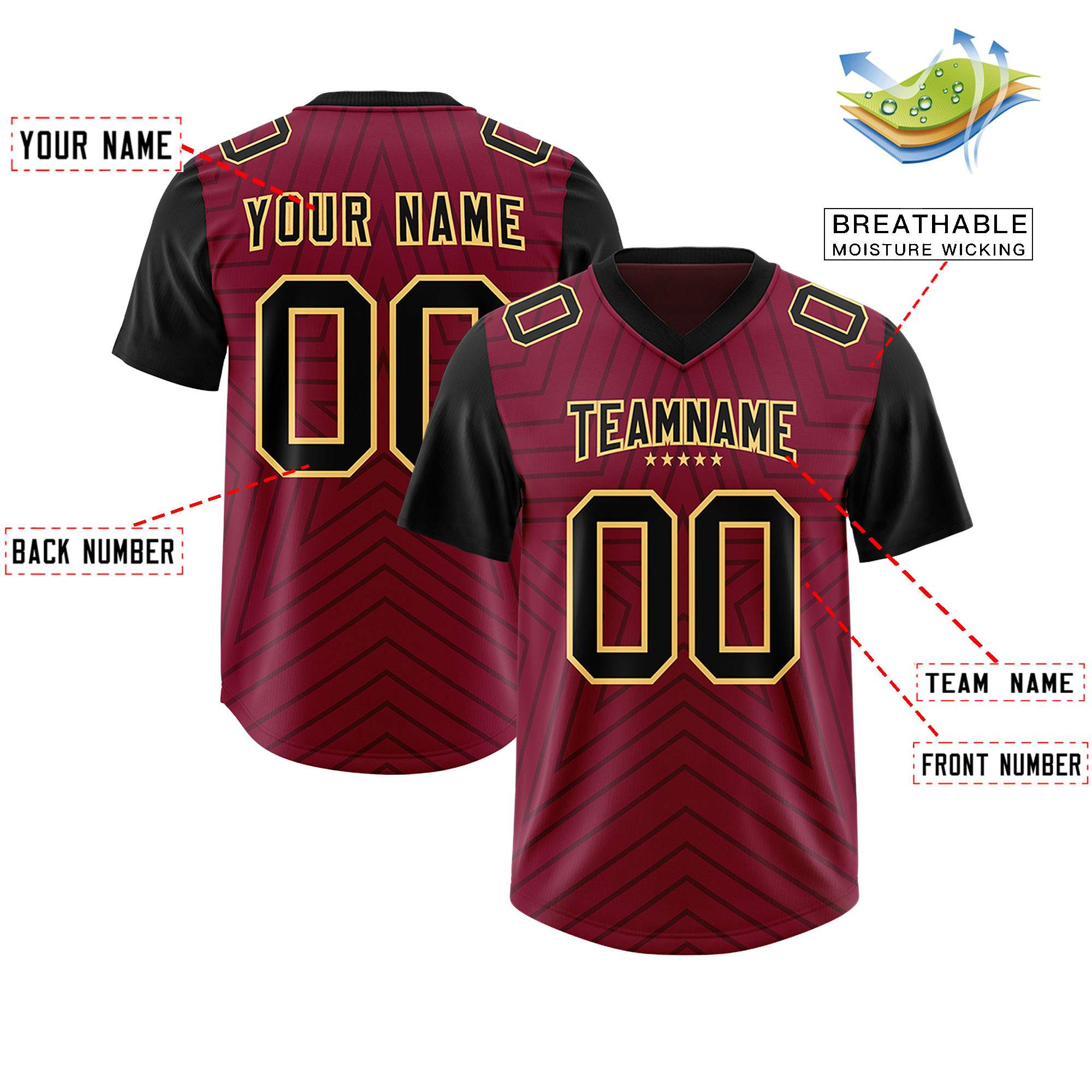 Custom Cardinal Black Personalized Star Pattern Raglan Sleeves Authentic Football Jersey