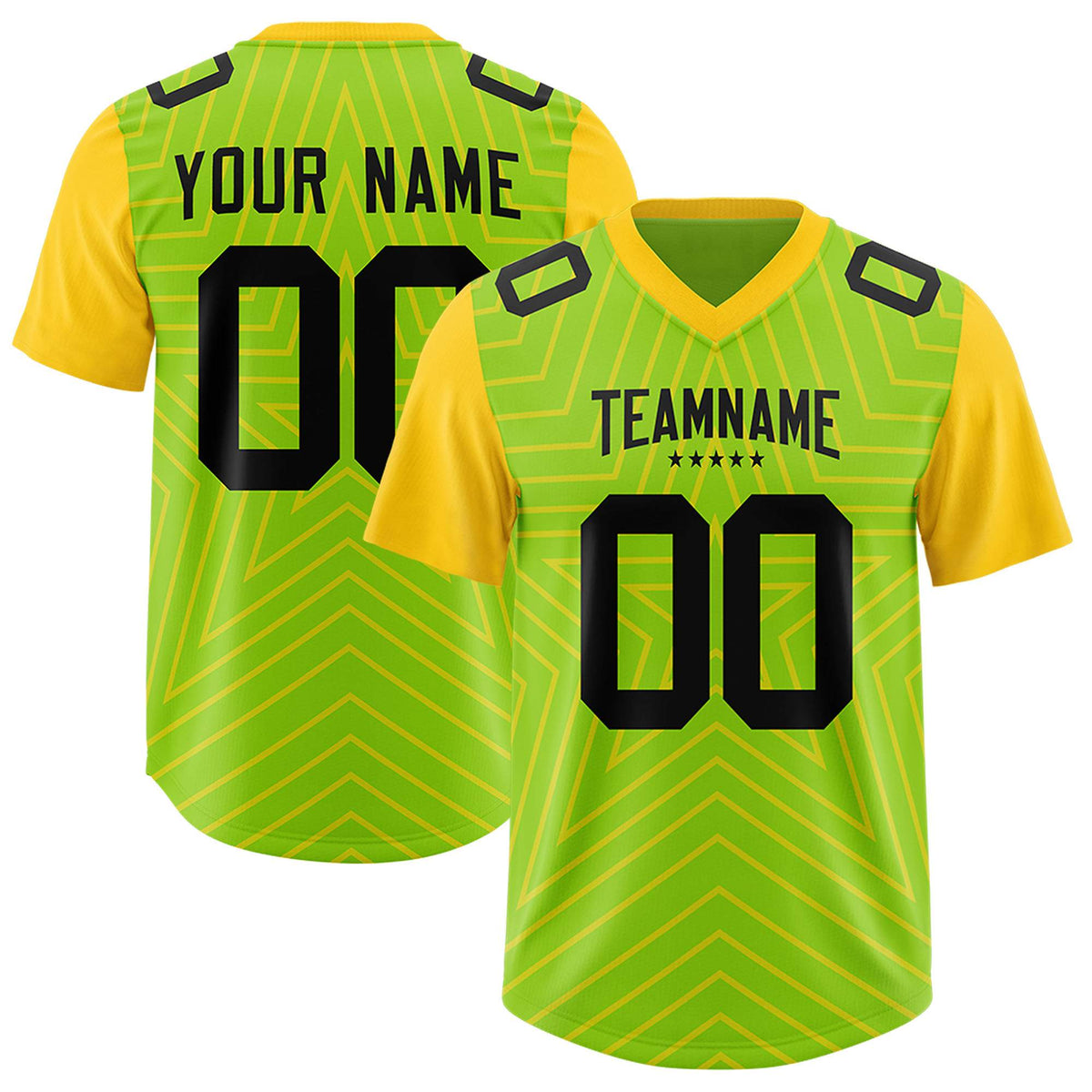 Custom Neon Green Gold Personalized Star Pattern Raglan Sleeves Authentic Football Jersey