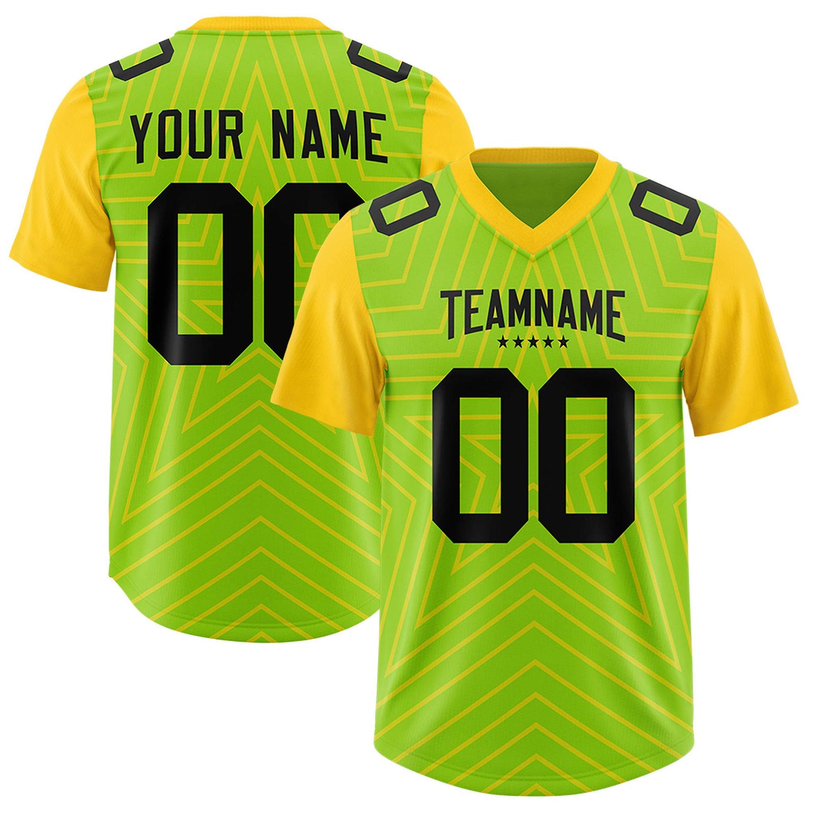 Custom Neon Green Gold Personalized Star Pattern Raglan Sleeves Authentic Football Jersey
