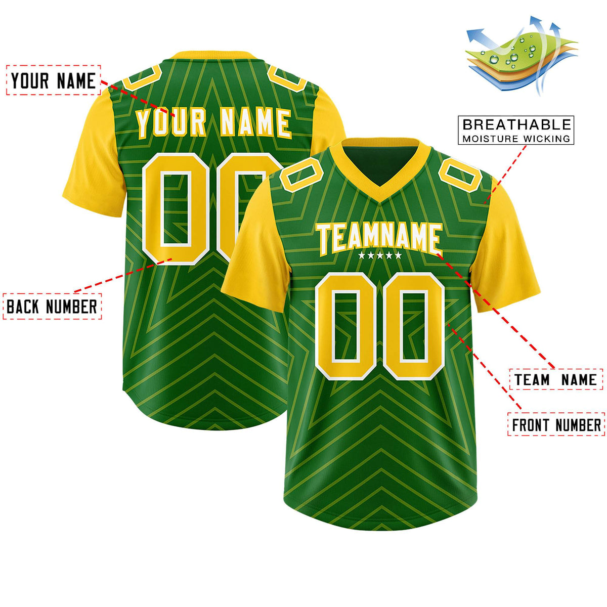 Custom Kelly Green Gold Personalized Star Pattern Raglan Sleeves Authentic Football Jersey