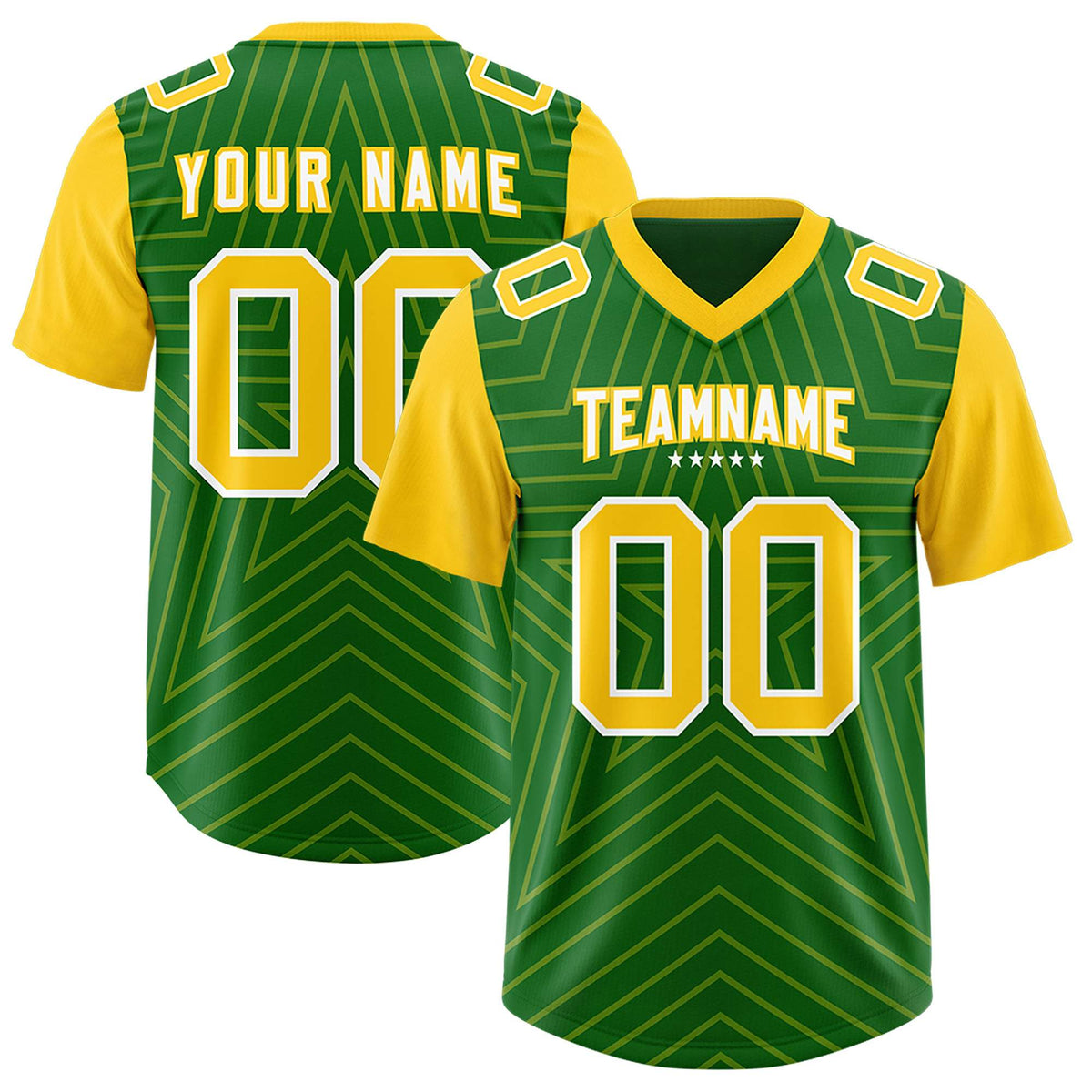 Custom Kelly Green Gold Personalized Star Pattern Raglan Sleeves Authentic Football Jersey