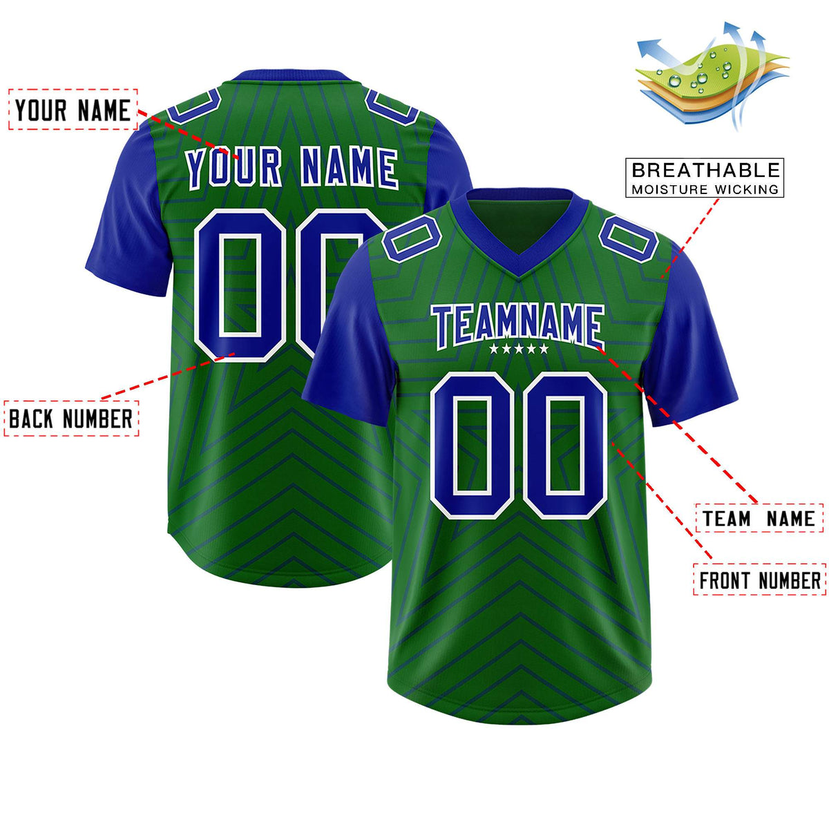 Custom Kelly Green Royal Personalized Star Pattern Raglan Sleeves Authentic Football Jersey