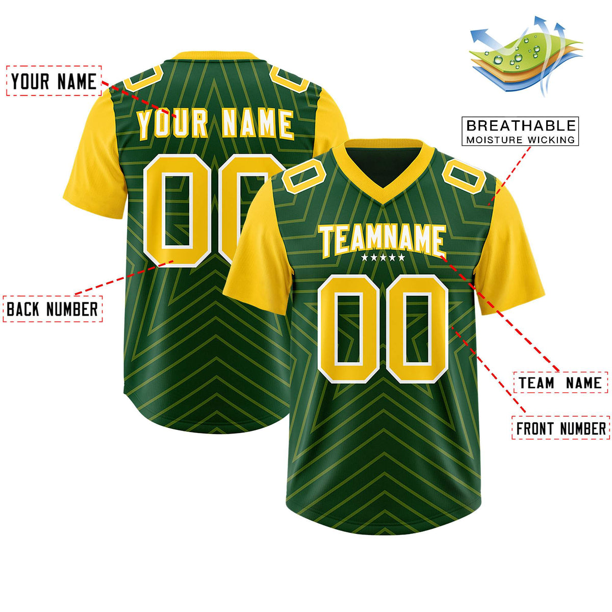 Custom Green Gold Personalized Star Pattern Raglan Sleeves Authentic Football Jersey