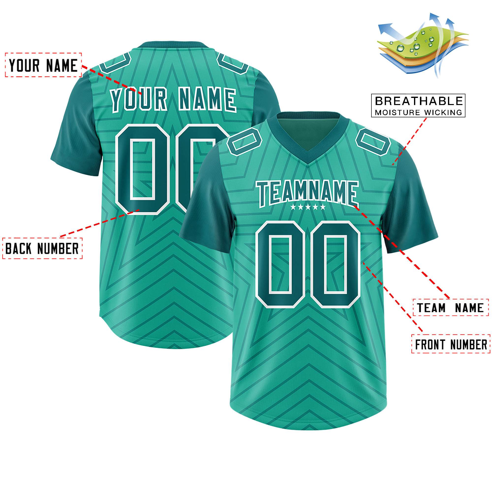Custom Bright Green Aqua Personalized Star Pattern Raglan Sleeves Authentic Football Jersey