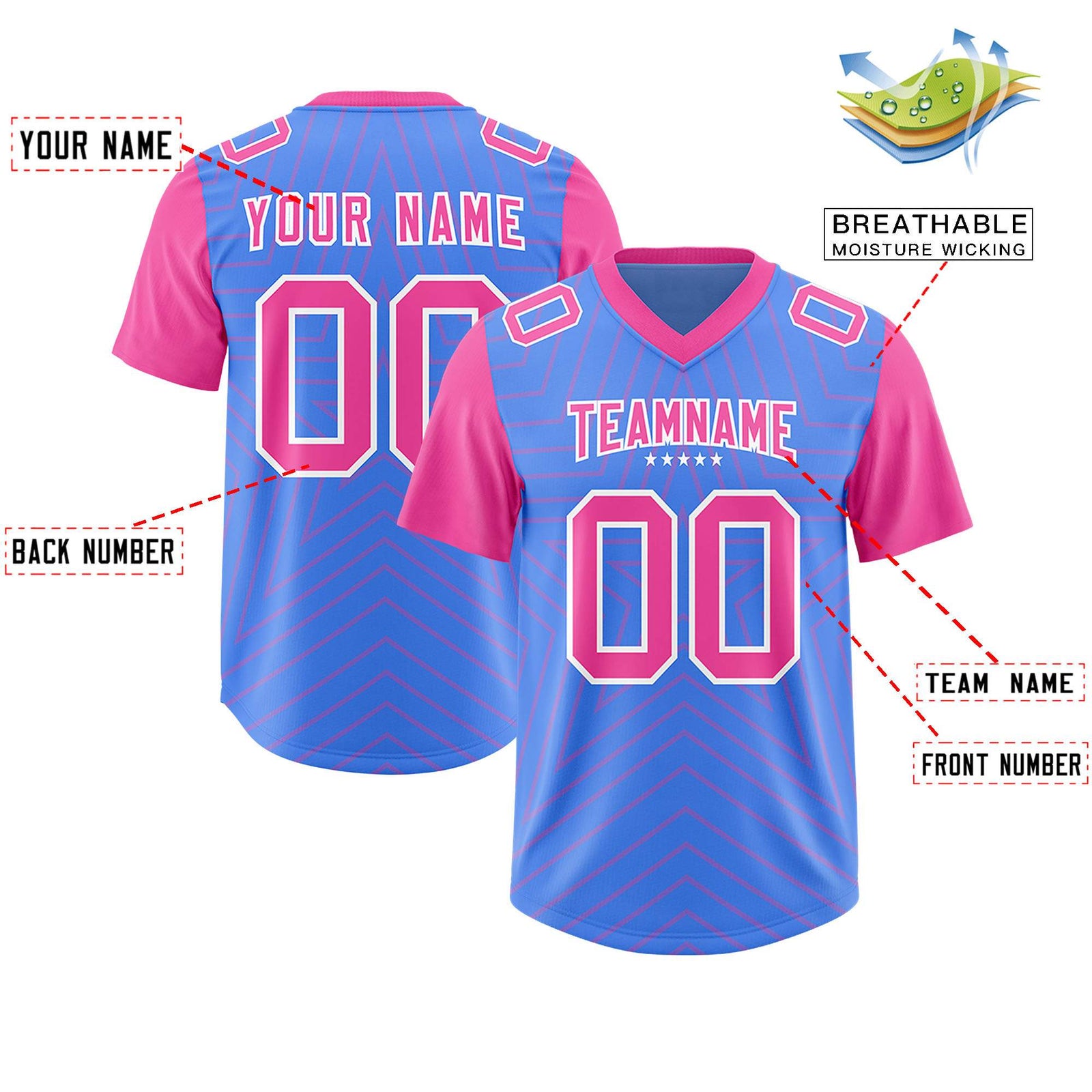 Custom Powder Blue Pink Personalized Star Pattern Raglan Sleeves Authentic Football Jersey