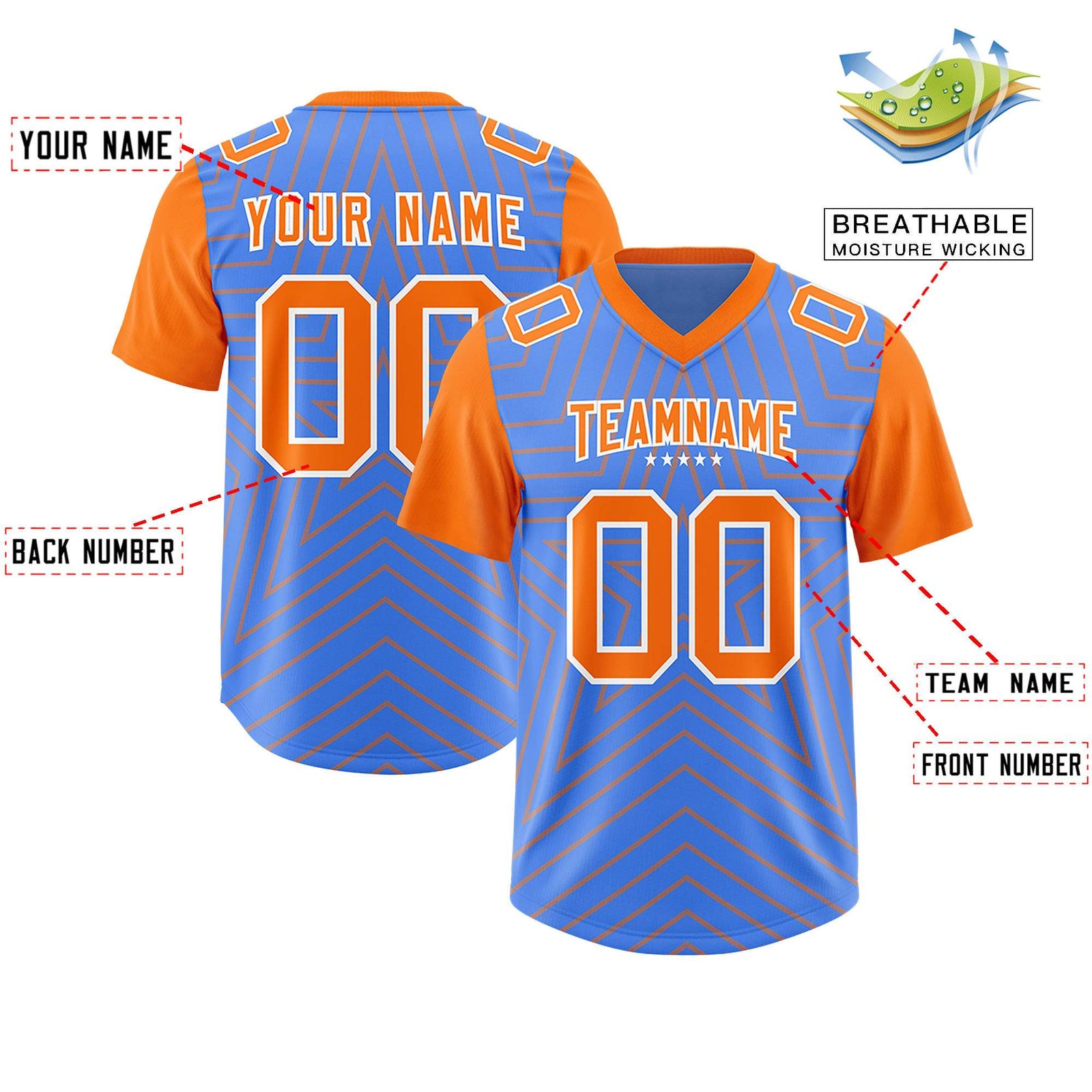 Custom Powder Blue Orange Personalized Star Pattern Raglan Sleeves Authentic Football Jersey