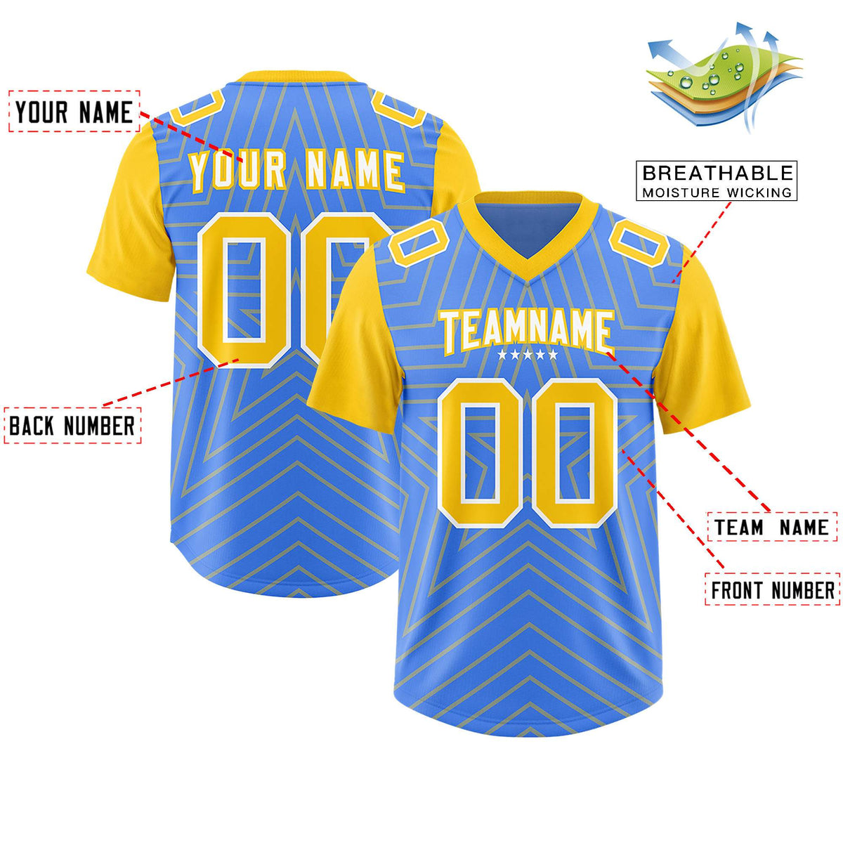 Custom Powder Blue Gold Personalized Star Pattern Raglan Sleeves Authentic Football Jersey