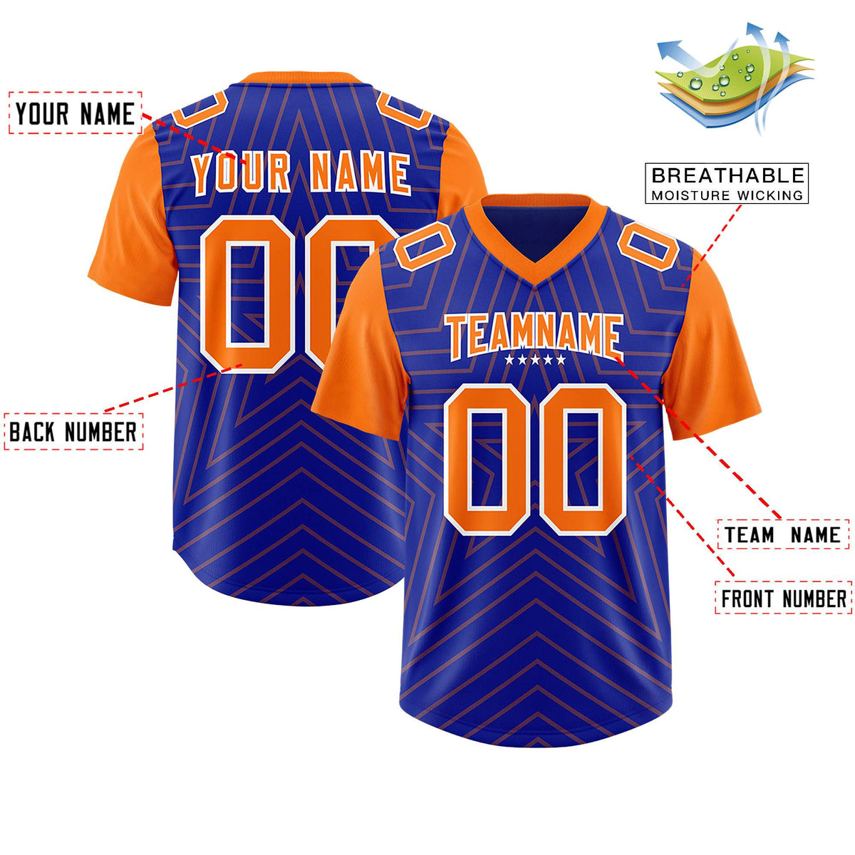 Custom Royal Orange Personalized Star Pattern Raglan Sleeves Authentic Football Jersey
